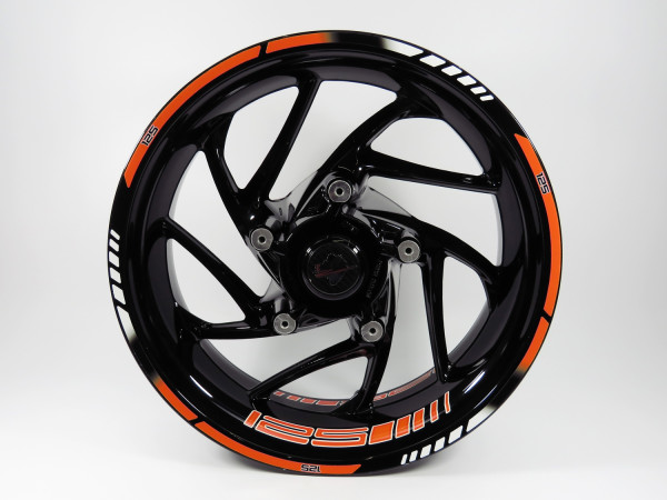 Felgenrand-Aufkleber Set (inkl. Felgenbett Schriftzug) - 125 Orange-Stripes - 16 / 17 / 18 Zoll passend für KTM 125 Duke