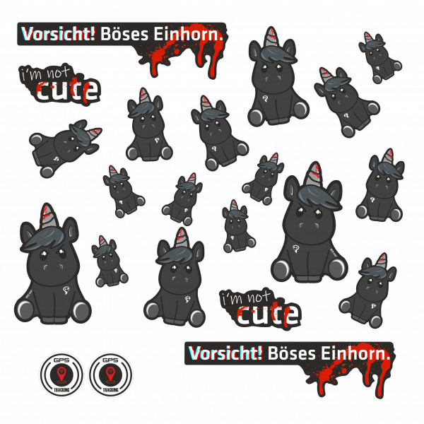 Aufkleber Fahrrad Folie 22-teiliges Sticker Set E-Bike Vorsicht Böses Einhorn