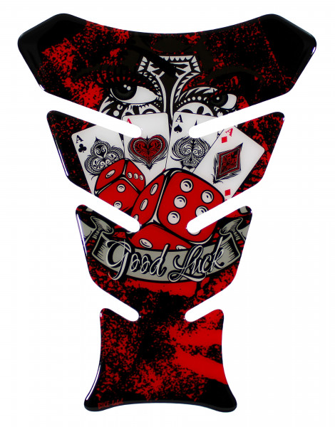 Tankpad Motorrad Gel Lackschutzaufkleber Skull Totenkopf mit Würfel rot Good Luck