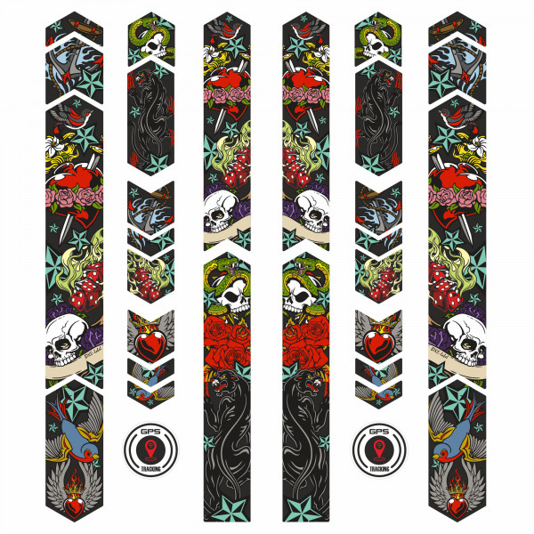 Fahrrad Aufkleber 14-teilig XL Set Tattoo Motiv Skull Old School Rahmenschutz