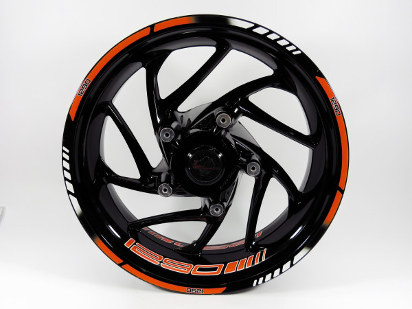 Felgenrand-Aufkleber Set mit passenden Felgenbett Schriftzug - 1290 Orange-Stripes - 16 / 17 / 18 Zoll passend für 1290 Super Duke GT / R